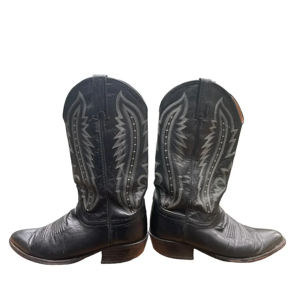 Lucchese 2000 Black Leather Cowboy Boots Snip Toe Mens 8 D